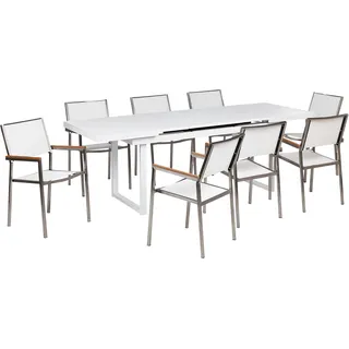 BELIANI Gartenmöbel-Set, weiß Aluminium, Edelstahl, Ausziehbarer Esstisch, 8 Sitzer, Outdoor-Möbel, modern - Weiß, Silber