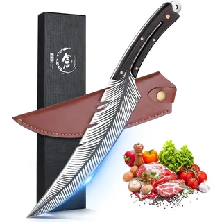 DRAGON RIOT Japanisches Kochmesser, Profi Küchenmesser Scharf Grillmesser, Schönes Outdoor Messer mit Lederscheide Fleischmesser für Küche Camping Grill