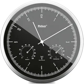 Mebus 19777 Funkwanduhr mit Thermo-Hygrometer - Silber, Schwarz
