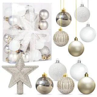 Weihnachtskugeln Weiß Gold, 30 pcs Mini Weihnachtsdeko Kugeln Set, 3CM Christbaumkugeln Kunststoff, Kugeln Weihnachtsdeko, Glänzend Glitzernd Matt Weihnachtsbaum Ornamente