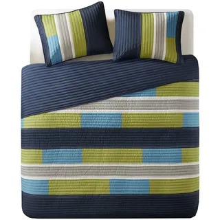 Comfort Spaces CS14-0861 2 Piece Quilt Coverlet Bedspread All Season Lightweight Hypoallergenic Pipeline Colorblock Kids Bedding Set, Twin/Twin XL, Pierre Navy/Blue Stripe