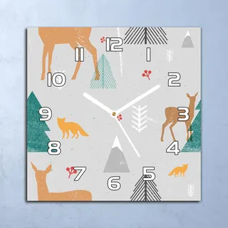 Deko Glasuhr Wanduhr 30x30 Hirsch Waldtiere Quarz Küchenuhr Bürouhr - Orange