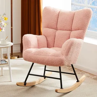 DUMOS Schaukelstuhl, Teddy-gepolsterter Sessel mit Hoher Rückenlehne, Moderner Stil Schminktisch Stuhl, Komfortabler Rückenlese-Ohrensessel, geeignet für Wohnzimmer, Schlafzimmer (Rosa)