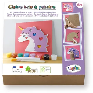 Aladine 3085486 Holzmalerei-Set, Einhorn, 3D-Holzbild zum Bemalen, DIY Wanddeko, Malset, Bastelset für Kinder ab 4 Jahren