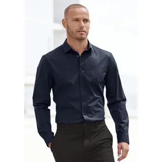Langarmhemd JOHN DEVIN "elastische Baumwollqualität", Herren, Gr. S (37/38), N-Gr, blau (navy), Web, Obermaterial: 97% Baumwolle, 3% Elasthan, unifarben, körpernah, Rundhals, 1-Knopf-Manschette, Hemden Langarmhemd, für maximale Bewegungsfreiheit durch Stretch, Topseller