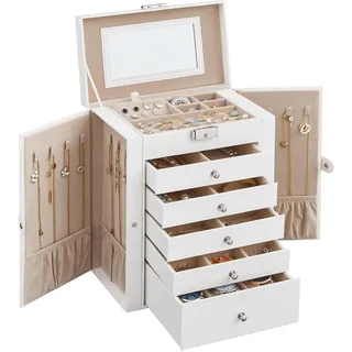 SONGMICS Schmuckkästchen 6 Ebenen, Schmuckkasten mit 5 Schubladen, viel Stauraum, innen mit Spiegel, abschließbar, Schmuckaufbewahrung, Geschenk für Ihre Liebsten, für Uhren, weiß JBC152W01