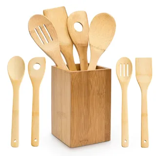 Relaxdays Kochlöffelset Bambus 5-teilig, je 30 cm, Holzlöffel, natur | Rührkelle, Lochkelle, Pfannenwender, mit Halter