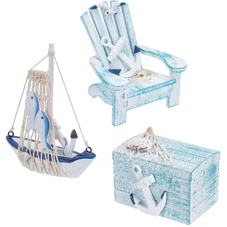 UNICRAFTALE 1 Set Holz Strand Miniatur Deko Mini Stuhl Segelboot Schatzkiste Strand Dekoration Nautisches Thema Deko Für Zuhause Bücherregal Schreibtisch Anker