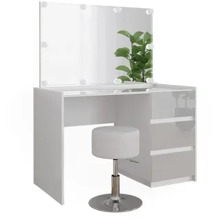 Vicco Schminktisch Marla Weiß Hochglanz 120 cm mit Spiegel, Hocker, LED-Lichterkette, Model 51991 - Weiß