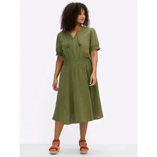 Sommerkleid SHEEGO "Kleid", Damen, Gr. 52, Normalgrößen, grün (oliv, limone), 100% Baumwolle, unifarben, knielang, Rundhals, Kleider Sommerkleid