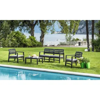 Dmora - Outdoor-Lounge-Set Massa, Gartenkomposition mit 2 Sesseln, 1 Sofa und 1 Couchtisch, Lounge für drinnen und draußen mit Kissen, 100% Made in Italy, Anthrazit