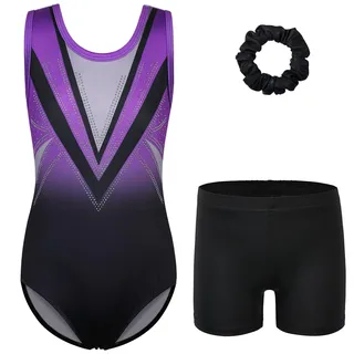 ZNYUNE Mädchen Turnanzug mit Hose Haarband Set Gymnastikanzug Kinder Shorts Trikot Turnen Ärmellos/Langarm Kleidung klassisch Turnbody B438 BlackPurple 16A