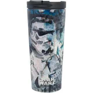 Elbenwald Star Wars Thermobecher - 425 ml - Coffee-To-Go-Becher aus Edelstahl mit Schraubverschluss und verschließbarer Trinköffnung (19 cm Höhe) - Weiß/Blau mit Stormtrooper Motiv