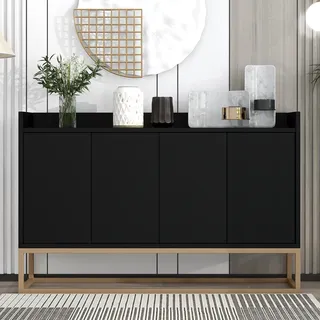 Sideboard, Kommode mit verstellbaren Einlegeböden und goldenen Metallrahmen, Kommode mit 4 Türen, Anrichte, Buffet, Breite: 120cm - Schwarz
