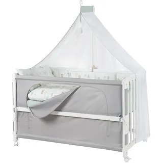 roba Room Bed 60 x 120 cm Woodland Buddies - Höhenverstellbares Beistellbett - Inkl. Matratze, Bettwäsche, Himmel & Rollensatz - Weiß / Hellgrün - Weiß, Grau, Bunt