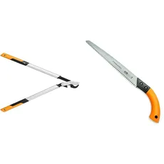 Fiskars PowerGear X Bypass-Getriebeastschere für frisches Holz, Länge: 80 cm, Schwarz/Orange, LX98-L & Handsäge für frisches Holz, Mit feststehendem Blatt, Sägeblattlänge: 33 cm, Schwarz/Orange, SW84