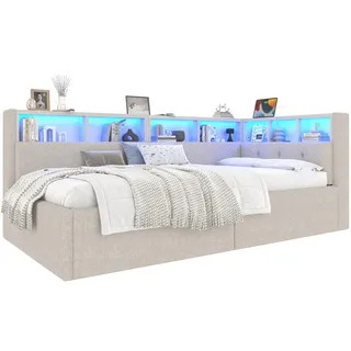 Modfu Tagesbett aus Leinen und MDF 90x200 cm Beige mit LED-Beleuchtung, USB-/Typ-C-Anschlüssen und hydraulischem Bettkasten , Textil , 90x200 cm , Schlafzimmer, Betten