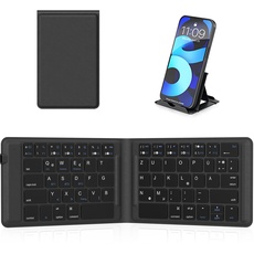 OMOTON Faltbare Bluetooth-Tastatur, Wiederaufladbare Tragbare Klappbare Keyboard für iPad, Smartphone, Android, Tablet, Windows Laptop und PC, 3 Bluetooth-Kanäle, QWERTZ