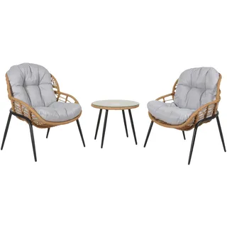 Mendler Poly-Rattan Garnitur HWC-N33, Balkon-Set Gartengarnitur Sitzgruppe Stuhl Beistelltisch ~ naturfarben, Polster hellgrau