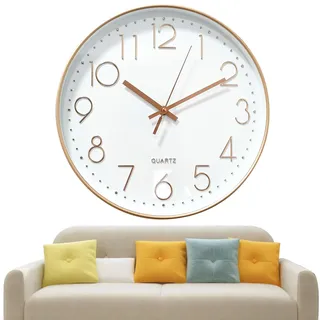 Chedin 30cm Rund wanduhr ohne tickgeräusche Modern Quarz Wanduhr Ohne Tickgeräusche,Wanduhr Kinder,Wanduhr Groß,Uhrwerk für Wanduhr Lautlos (weiß/Roségold)