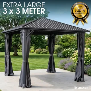 BRAST Pavillon Aluminium Miami | Größen 3x3m 3x4m 4x4m | viele Modelle | Hardtop mit Stahlach | wahlweise mit LEDs | Moskitonetz | Anthrazit | wasserdicht | UV-Schutz | 3x3m - Grau