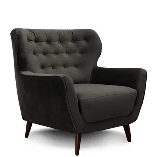 CAVADORE Sessel Abby / Retro-Polstersessel im Samt-Look mit Knopfverzierung / 87 x 89 x 88 / Samtoptik, grau