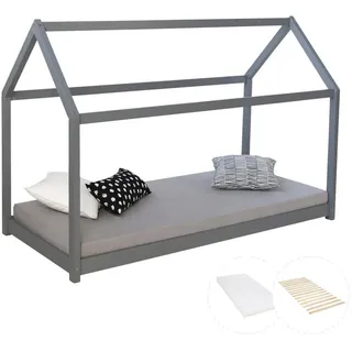 Homestyle4u Hausbett 80 x 160 cm Kiefer grau