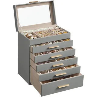 SONGMICS GISELLA Kollektion - Schmuckkästchen, Schmuckkasten mit 6 Ebenen, Schmuckbox mit Glasdeckel, 5 Schubladen, für Sonnenbrillen, Schmuckaufbewahrung, modern, taubengrau-golden JBC171G01