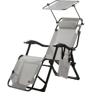 CampFeuer Sonnenliege mit Dach, Grau, Campingliege mit Arm Massagerollen, Gartenliege Sonnendach - Grau