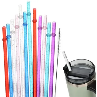 Strohhalme Plastik, 12 Stück Trinkhalme Kompatibel mit Stanley Cup Stitch, Kompatibel mit Stanley Cup Strohhalm Wiederverwendbar, Farbige mit Reinigungsbürsten für Bubble Tea, Saft, Kaffee
