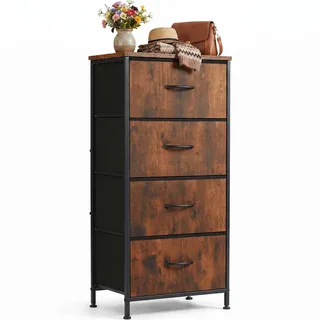 DUMOS Kommode mit Schubladen - Kommoden & Sideboards für Schlafzimmer Geeignet, Komodenschrank mit 4 Schubladen, Stoffkommode mit Stahlrahmen, Schrank Klein, Ideal für Flur, Wohnzimmer (Vintagebraun)