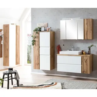 Badezimmer Möbel Set mit Keramik-Aufsatzbecken links und LED Beleuchtung, Wotan Eiche Nb. mit weiß matt, VASTO-03-WHITE - Weiß