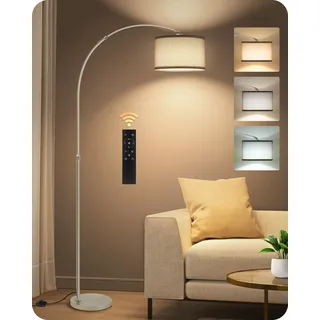 GOEBLESON Silber-Graue Stehlampe Wohnzimmer, Dimmbare Bogenlampe | 158-188 cm höhenverstellbar, aus Leinen, mit E27 LED Birne & Fernbedienung, Standlampe für Wohnzimmer Schlafzimmer