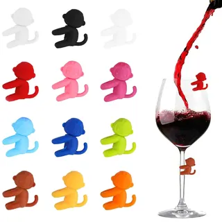 Glasmarker Silikon 12 Stück Affe Wein Trinken Marker Glasmarkierer Bunte Glas Markierung Trinkgläser Wiederverwendbarer Glas Kennzeichnung Teebeutel Halter für Party Weinglas, Trinkglas (Mehrfarbig)