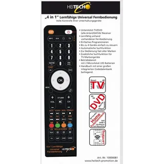HEITECH Universal Fernbedienung für 4 Geräte - 4in1 lernfähige Universalfernbedienung für Smart TV, DVD, SAT, AV Receiver UVM - Multifunktionsfernbedienung mit Lernfunktion & für alle Marken