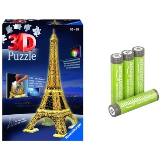 Ravensburger 3D Puzzle Eiffelturm in Paris bei Nacht 12579 - leuchtet im Dunkeln - 216 Teile - ab 10 Jahren & Amazon Basics AAA-Batterien, wiederaufladbar, vorgeladen, 4 Stück(Aussehen kann variieren)