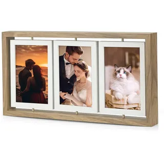 Bilderrahmen 10x15 360° drehbar, Holz-Fotorahmen für 6 Fotos mit Acrylglasschutz, Geschenk für Geburtstag, Hochzeit, Weihnachten