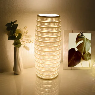 VOLIOS® Keramik Tischlampe ink. 6 Watt LED Birne I Dekolampe I Nachttischlampe I Tischleuchte weiß I beleuchtete Deko (Zylinder mit Lochmuster)