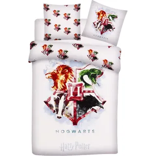Harry Potter Kinder Erwachsenen Bettwäsche Hogwarts Wappen mehrfarbig 140 x 200 Bettdecke 60 x 63 cm Kopfkissen 100 % Baumwolle - Weiß