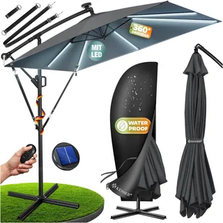 KESSER® Ampelschirm Holly Sonnenschirm Rechteckig mit und ohne LED Solar inkl. Abdeckung + Windsicherung mit Kurbel | Kurbel-Schirm mit Ständer UV-Schutz Aluminium Wasserabweisend Ø350cm Gartenschirm - Grau