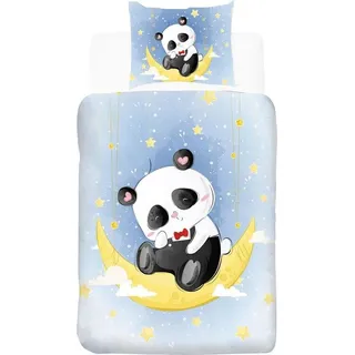 Famanu Bettwäsche Set Panda und Mond Design - 135 x 200 cm, 80 x 80 cm - Blau