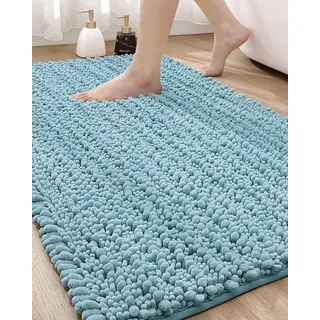DEXI Badematte, Badezimmerteppich, groß, rutschfest, saugfähig und weich, waschbar, Chenille-Teppiche für Badewanne, WC, Duschraum, Eingangsbereich, 61 x 109 cm, Hellblau