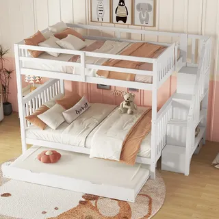 Etagenbett mit 3 Liegeflächen und Lattenrost, 140x200 cm, Kinderbett mit Rausfallschutz, Kiefer - Weiß