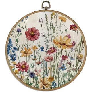 DELORIGIN Runde Leinwandbild Wanddekor „Wildblumen“ 10" Kunstdruck Wanddeko Wandkunst Mit Blumen Modern Wanddekoration Hängende Wandbilder Für Zimmer Esszimmer Schlafzimmer Wohnzimmer Balkon Terrasse