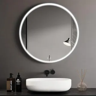 Clevich Badspiegel mit Beleuchtung Rund mit Superheller COB LED Lichtstreifen, Dicker Aluminiumrahmen, Anti-Beschlag, 3 Lichtfarben, Dimmbar, Runder Badezimmerspiegel mit Litch, Groß Wandspiegel 60 cm