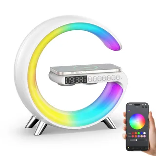 Smiling Shark Lichtwecker, Intelligente Wecker Licht Atmosphärenlicht mit Kabelloses Ladegerät Bluetooth Lautsprecher Dimmbar Naturgeräuschen App Steuerung Sonnenaufgang Licht Wecker für Wohnzimmer