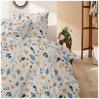 Primera Biber-Bettwäsche Branches floral Braun/Blau 135 x 200 cm + 2 x 80 x 80 cm