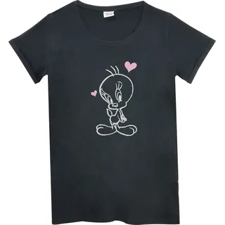 Looney Tunes Nachthemd für Damen - Tweety Schlafshirt Pyjama kurzärmlig Oberteil Schwarz, Größe:L - Schwarz