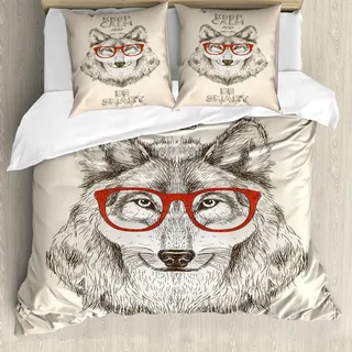 ABAKUHAUS Ruhe bewahren, ruhig bleiben Bettbezug Set, Humoreske von Wolf mit Brille und Be Smart Typography, 155 x 220 cm + 80 x 80 cm, Pale Senf Taupe