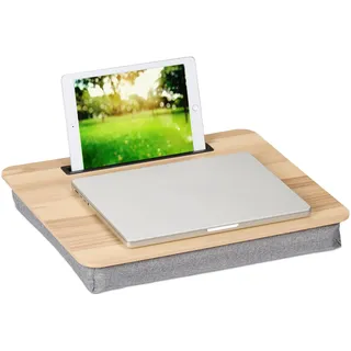 Relaxdays Laptopkissen mit Handyhalter, BxT: 46 x 35 cm, Laptopunterlage für Bett & Sofa, Laptop Knietablett, Natur/grau